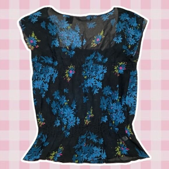 Express Vintage Silk Whimsigoth Black Floral Sheer Fairy Milkmaid Blouse 13/14 - Picture 1 of 13